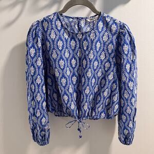 Zara Blue and White Patterned 100% Cotton Blouse with Drawstring Bottom Size XS